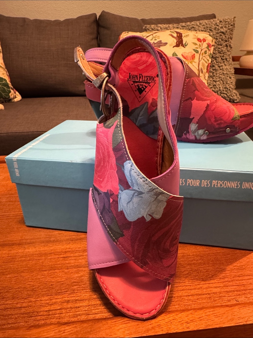 John Fluevog “Sarah” Pink and Red Floral Slingback Heels - Picture 5 of 12